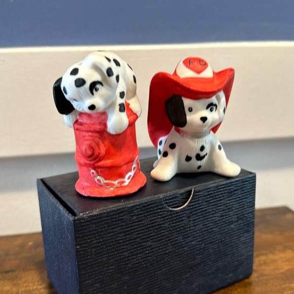 Adorable Dalmatian firefighter puppies, salt, and pepper shakers red white black - Picture 2 of 10